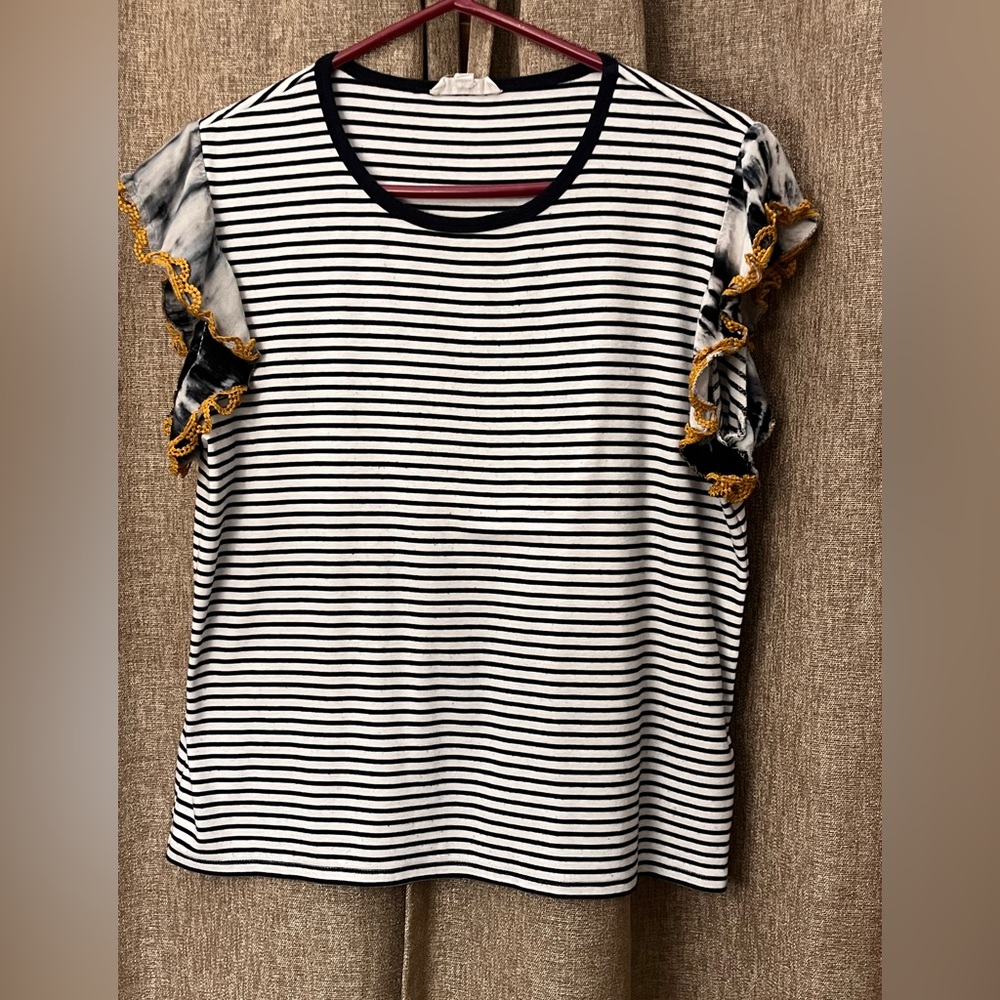 THML Black and White Striped Tee with Gold Trim